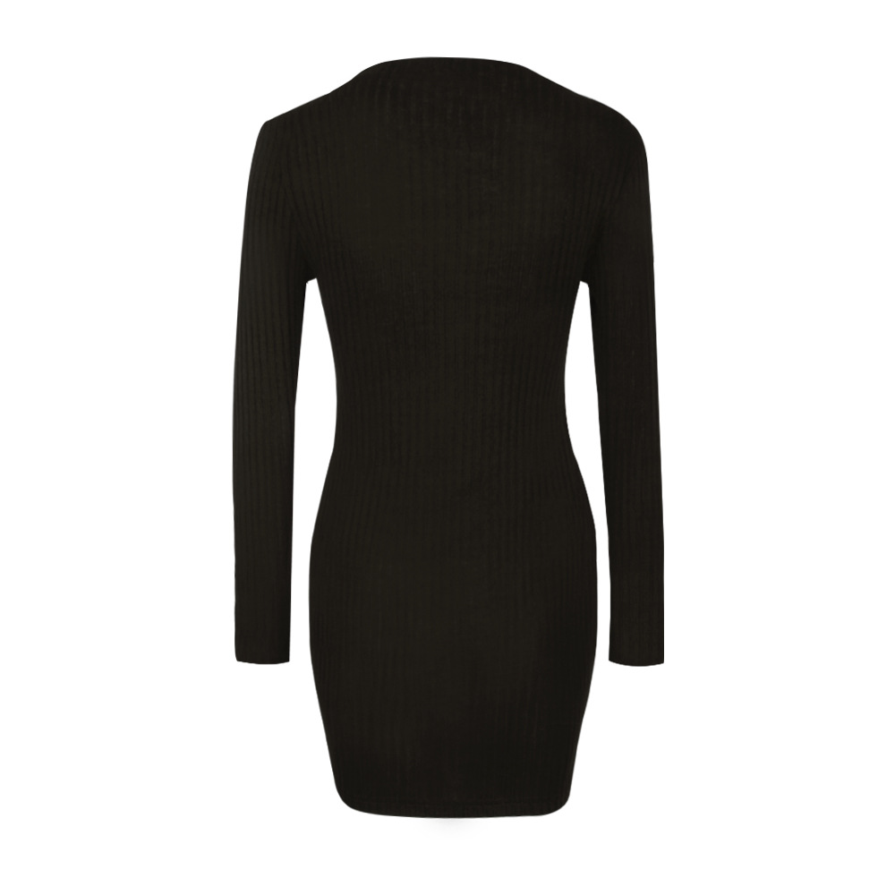 W25038-1  Black Plain Drawstring V neck Long Sleeve Mini Dress